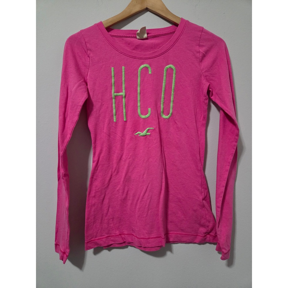 Hollister‎ Womens Long Sleeve Graphic Tee Pink HCO Logo Crew Neck Shirt Small